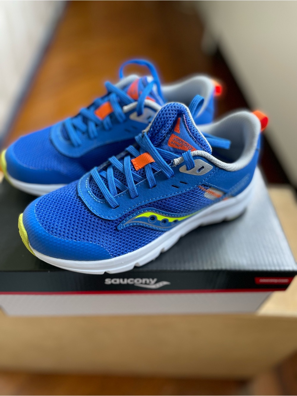 Saucony Kids Blue Mesh Sneakers with Neon Yellow & Orange Accents